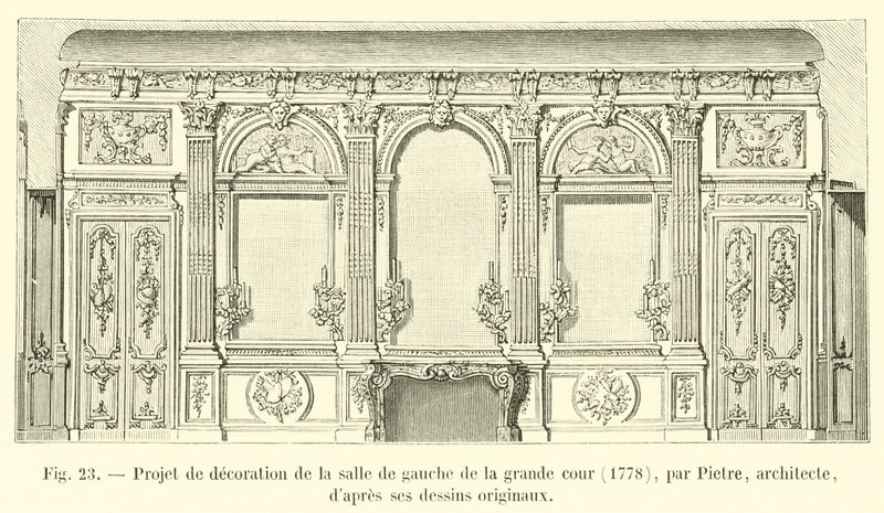Dekorationsentwurf für den linken Saal des großen Hofes, 1778, von Pietre, Architekt, nach seinen Originalzeichnungen von French School