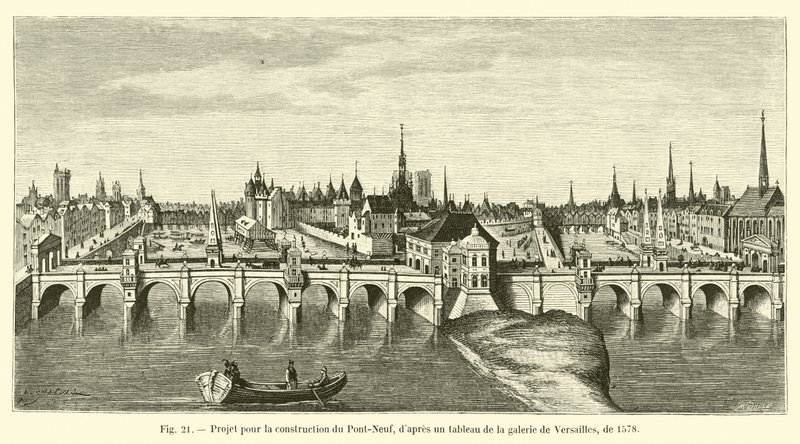 Projekt für den Bau der Pont-Neuf, nach einem Gemälde aus der Galerie von Versailles, von 1578 von French School