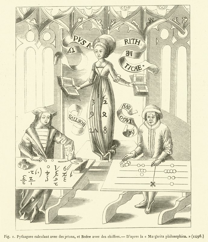 Pythagoras rechnet mit Spielsteinen, und Boethius mit Zahlen von French School