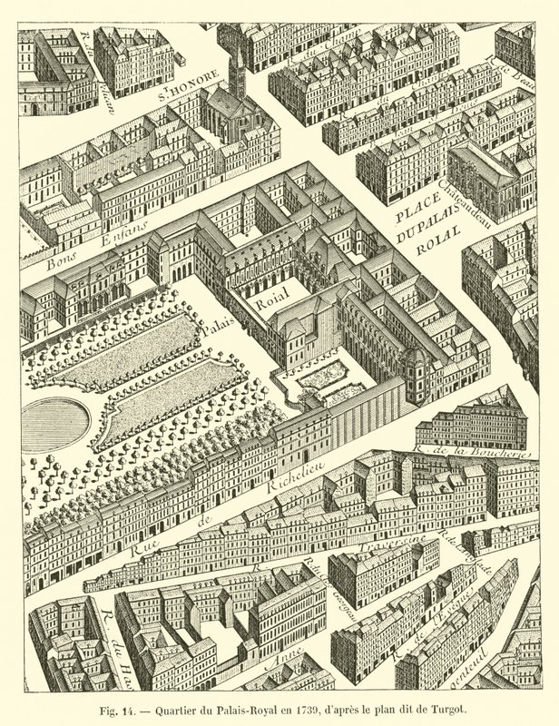 Viertel des Palais-Royal im Jahr 1739, nach dem sogenannten Turgot-Plan von French School