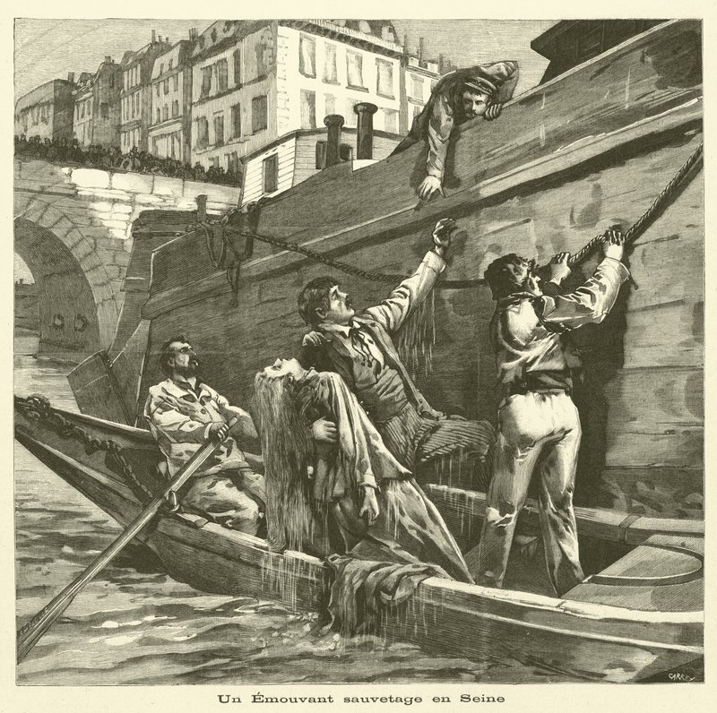 Rettung einer Frau aus der Seine in Paris (Gravur) von French School