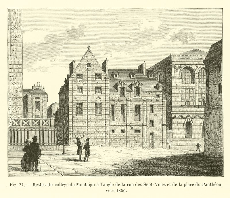Überreste des Collège de Montaigu an der Ecke der Rue des Sept-Voies und des Place du Panthéon, um 1850 von French School