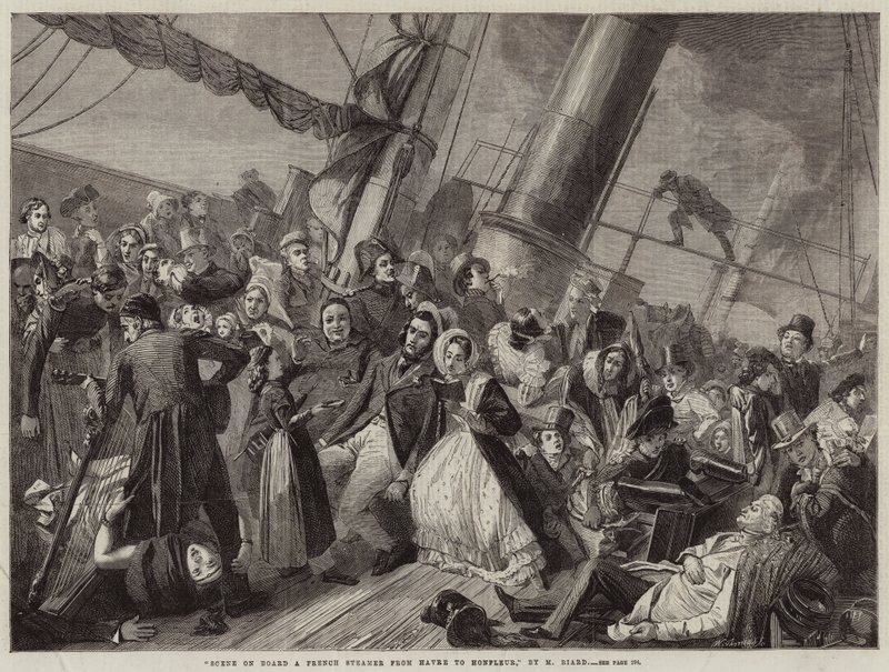 Szene an Bord eines französischen Dampfers von Havre nach Honfleur (Gravur) von French School