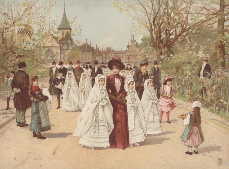 Straßenszene mit Mädchen in Konfirmationskleidern von French School