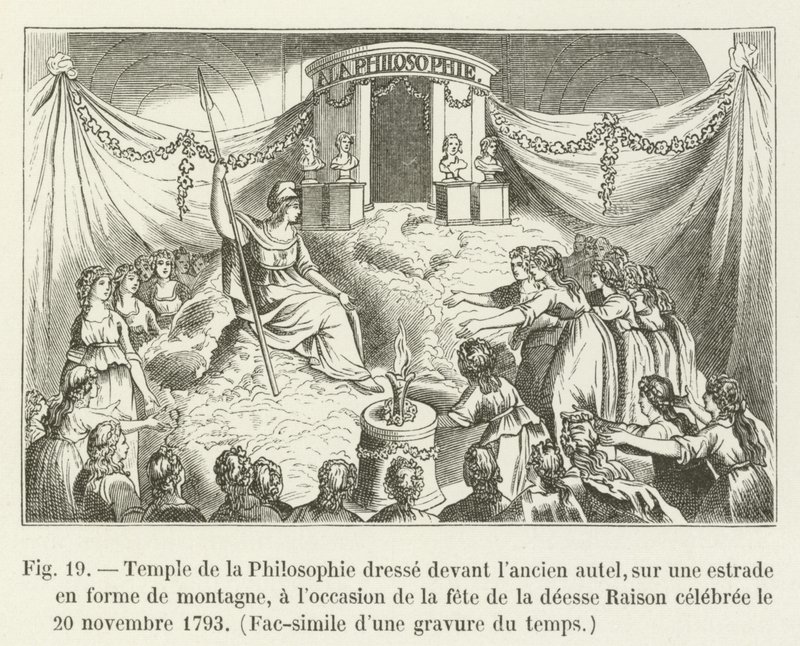 Tempel der Philosophie vor dem alten Altar, auf einer Bühne in Form eines Berges, anlässlich des Festes der Göttin Vernunft gefeiert am 20. November 1793, Faksimile eines zeitgenössischen Stichs von French School