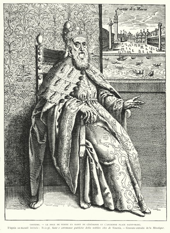 Der Doge von Venedig in seinen zeremoniellen Roben und der alte Markusplatz von French School
