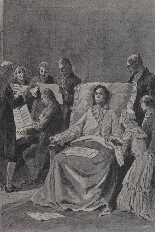 Der sterbende Wolfgang Amadeus Mozart hört seinen Freunden zu, die seine Kantate 