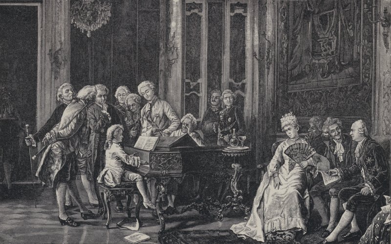 Der siebenjährige Wolfgang Amadeus Mozart spielt vor König George III. in London, 1764 von French School
