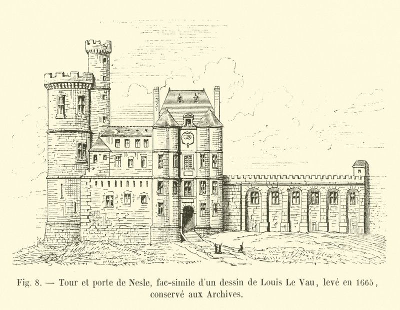 Tour und Porte de Nesle, Faksimile einer Zeichnung von Louis Le Vau, erstellt im Jahr 1665, aufbewahrt in den Archiven von French School
