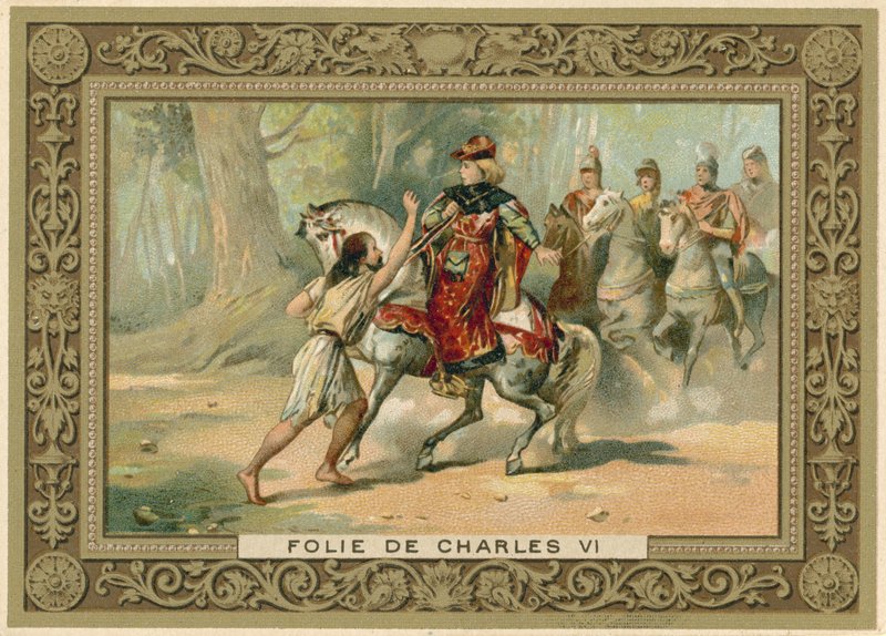Handelskarte, die einen Angriff auf König Karl VI. von Frankreich darstellt von French School
