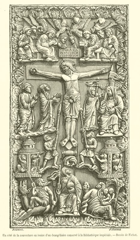 Eine Seite des Elfenbeinumschlags eines Evangeliums in der Kaiserlichen Bibliothek von French School