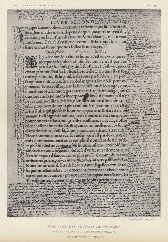 Eine Seite aus den Essais, Ausgabe von 1588, mit handschriftlichen Anmerkungen von Montaigne (Lithographie) von French School