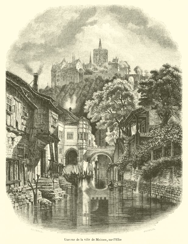 Eine Straße in der Stadt Meißen an der Elbe von French School