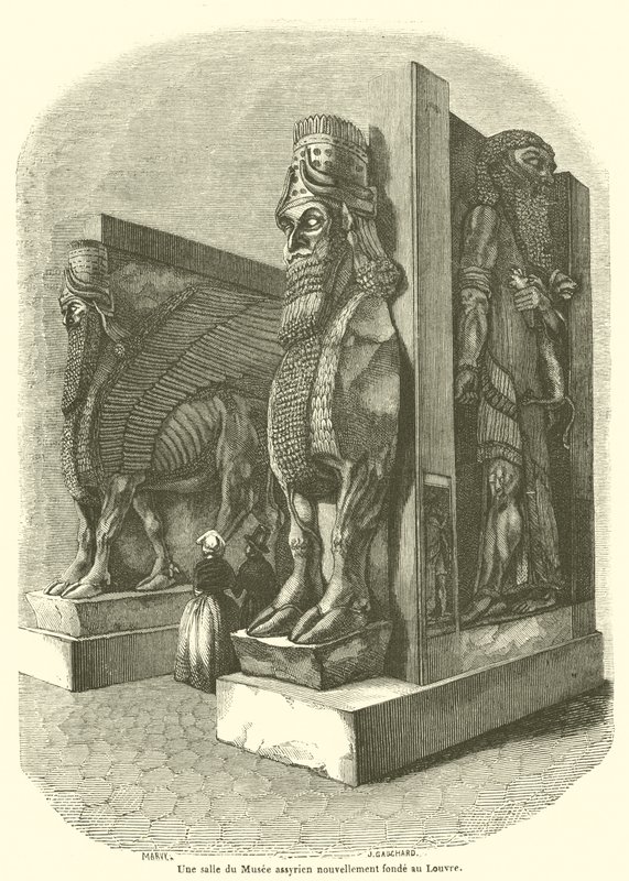 Ein Saal des neu gegründeten assyrischen Museums im Louvre (Gravur) von French School