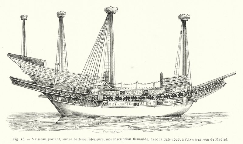 Schiff mit einer flämischen Inschrift und dem Datum 1523 auf dem unteren Deck, in der Armeria real in Madrid (Stich) von French School