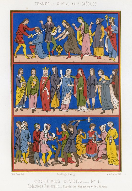 Verschiedene Kostüme des 12. und 13. Jahrhunderts in Frankreich von French School