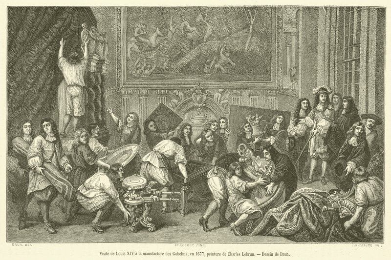 Besuch von Ludwig XIV. in der Gobelins-Manufaktur im Jahr 1677 von French School