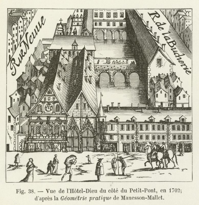 Ansicht des Hôtel-Dieu von der Seite der Petit-Pont im Jahr 1702, nach der Geometrie pratique von Manesson-Mallet von French School