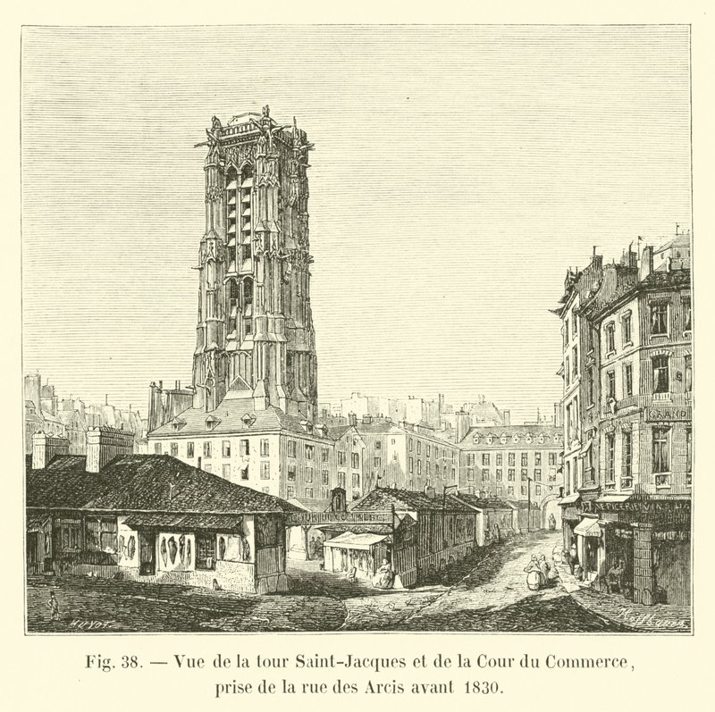 Ansicht des Turms Saint-Jacques und des Hofs des Handels, von der Rue des Arcis vor 1830 von French School