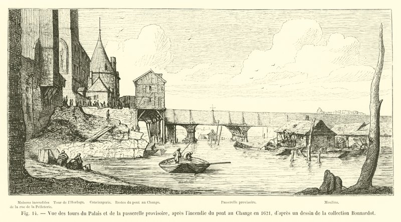 Ansicht der Türme des Palastes und der provisorischen Brücke nach dem Brand der Pont au Change im Jahr 1621, nach einer Zeichnung aus der Sammlung Bonnardot von French School