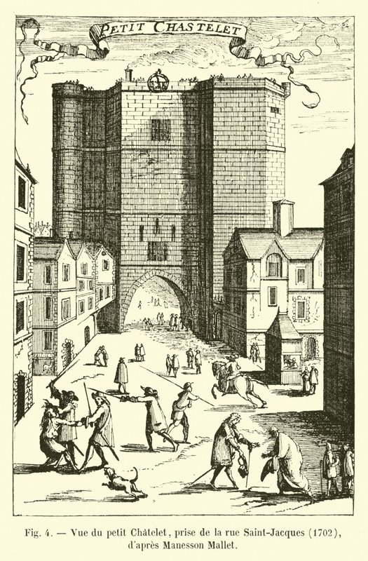 Ansicht des kleinen Chatelet, von der Rue Saint-Jacques aus, 1702, nach Manesson Mallet von French School