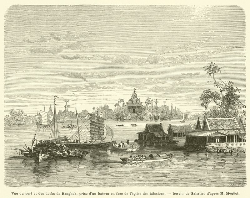 Ansicht des Hafens und der Docks von Bangkok, von einem Boot vor der Missionskirche aus gesehen von French School