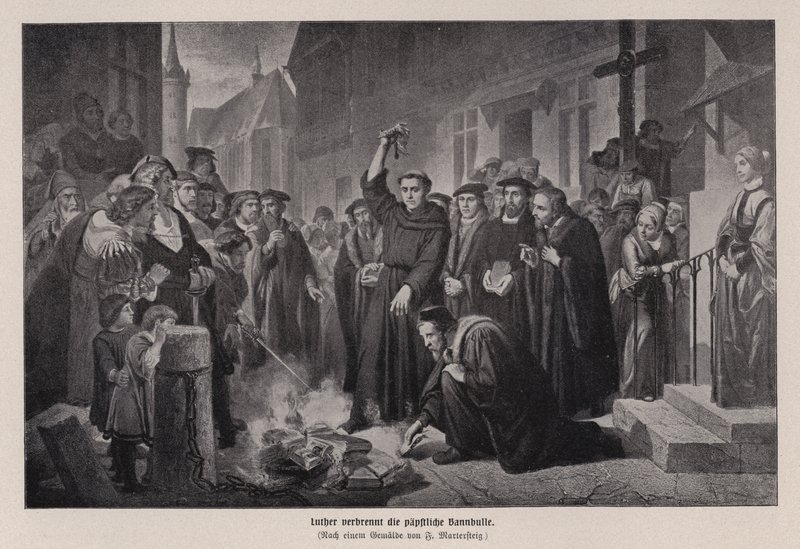 Martin Luther verbrennt die päpstliche Bulle in Wittenberg, Deutschland von Friedrich Wilhelm Heinrich Martersteig