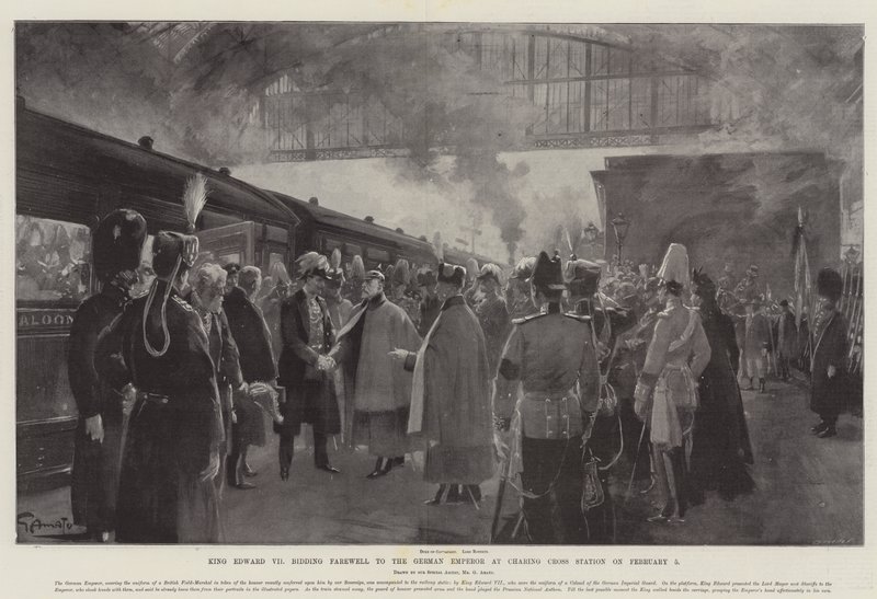 König Edward VII. verabschiedet sich vom deutschen Kaiser am Bahnhof Charing Cross am 5. Februar von G.S. Amato