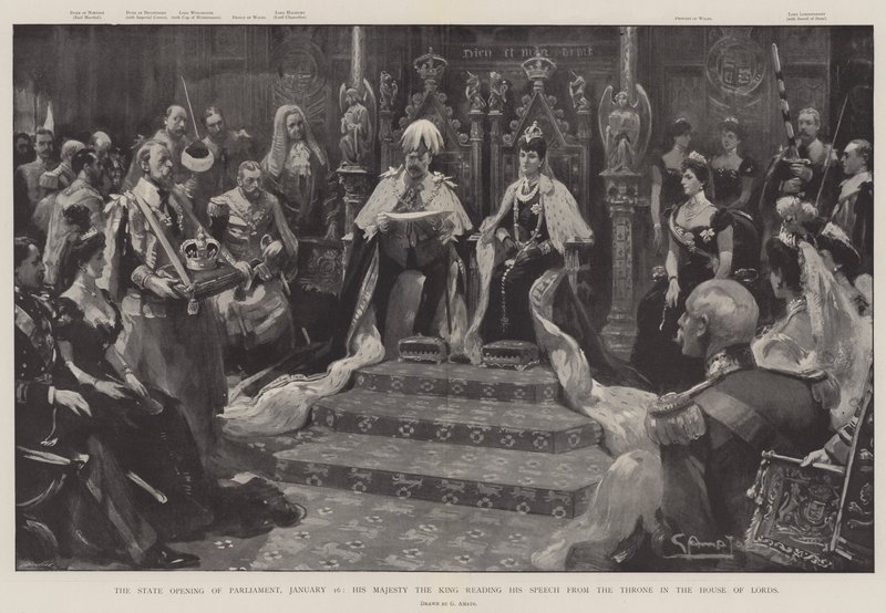 Die feierliche Eröffnung des Parlaments, 16. Januar, Seine Majestät der König liest seine Rede vom Thron im House of Lords von G.S. Amato