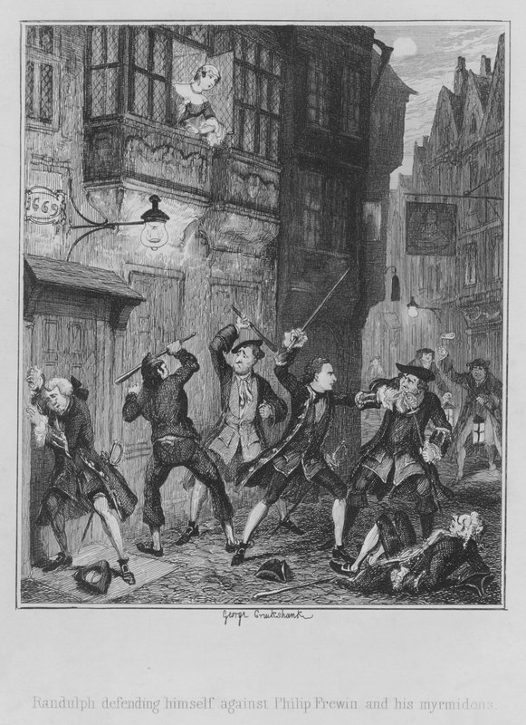 Randulph verteidigt sich gegen Philip Frewin und seine Myrmidonen von George (after) Cruikshank