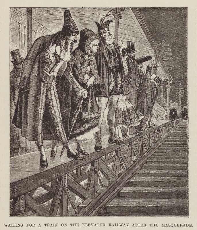 Warten auf einen Zug auf der Hochbahn nach dem Maskenball von George Augustus Sala