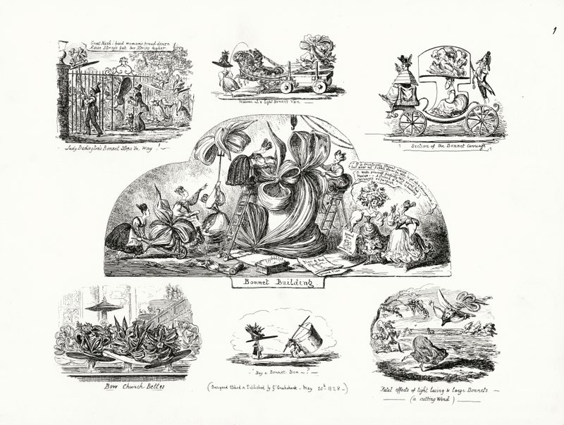 Karikaturen von George Cruikshank zum Thema übergroße Damenhüte von George Cruikshank