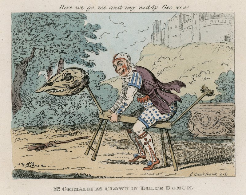 Mr. Joseph Grimaldi als Clown in Dulce Domum von George Cruikshank