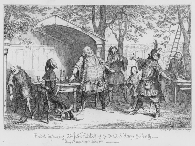 Pistol informiert Sir John Falstaff über den Tod von Heinrich IV. von George Cruikshank