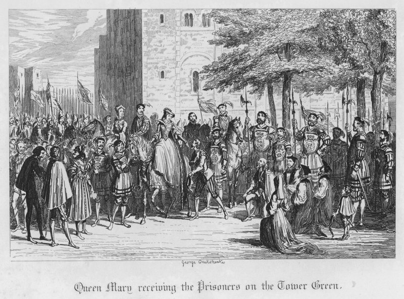 Königin Maria empfängt die Gefangenen auf dem Tower Green (Gravur) von George Cruikshank