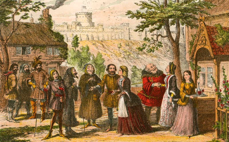 Sir John Falstaff besucht seinen Freund Page in Windsor von George Cruikshank