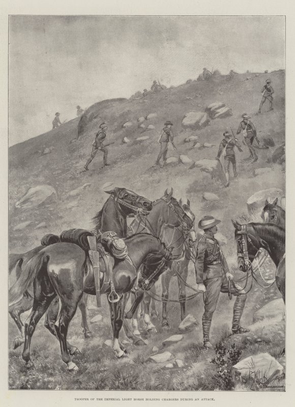Reiter des Imperial Light Horse hält Pferde während eines Angriffs von George Derville Rowlandson