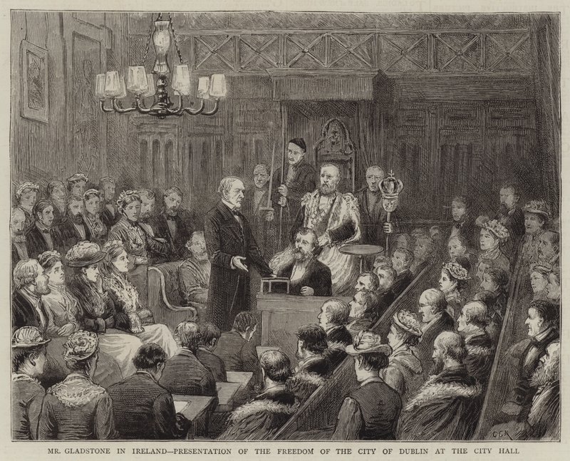 Mr. Gladstone in Irland, Verleihung der Ehrenbürgerschaft der Stadt Dublin im Rathaus von George Goodwin Kilburne