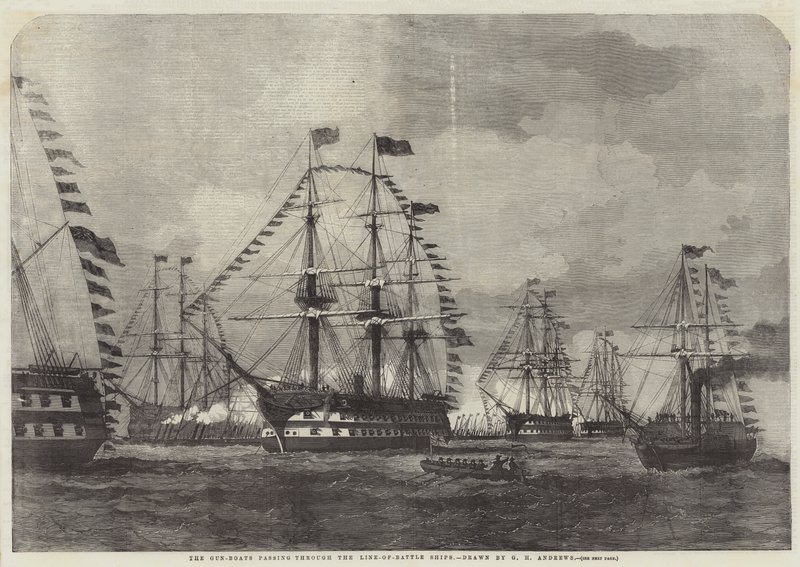 Die Kanonenboote passieren die Linienschiffe von George Henry Andrews