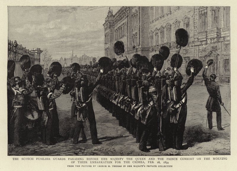 Die Scotch Fusilier Guards paradieren vor Ihrer Majestät der Königin und dem Prinzgemahl am Morgen ihrer Einschiffung für die Krim, 28. Februar 1854 von George Housman Thomas