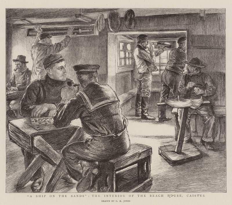 Ein Schiff auf dem Sand, das Innere des Strandhauses, Caister von George Kingston Jones