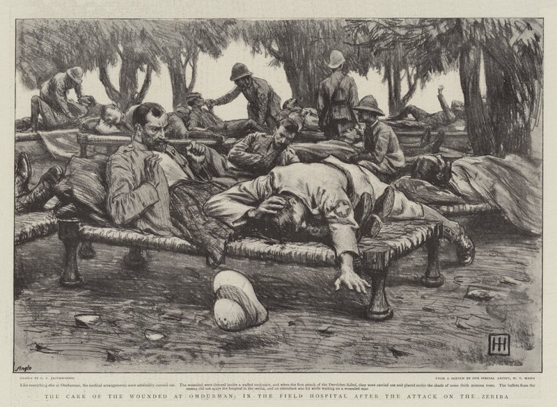 Die Versorgung der Verwundeten in Omdurman, im Feldlazarett nach dem Angriff auf die Zeriba von George Percy Jacomb Hood