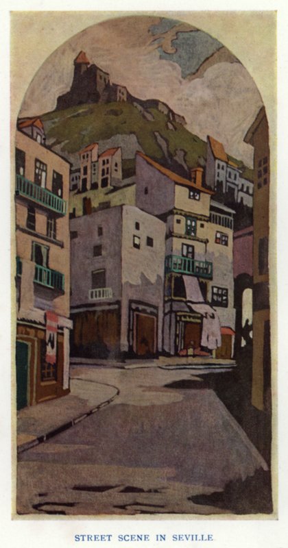 Die Gouvernante von Sheridan: Straßenszene in Sevilla (Farblithografie) von George Sheringham