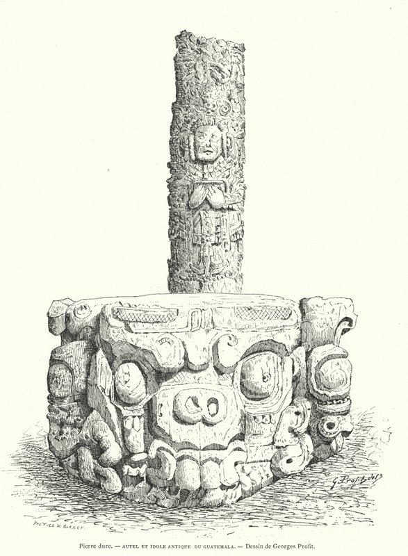 Maya-Steinaltar und Idol aus Guatemala (Gravur) von Georges Ernest Profit