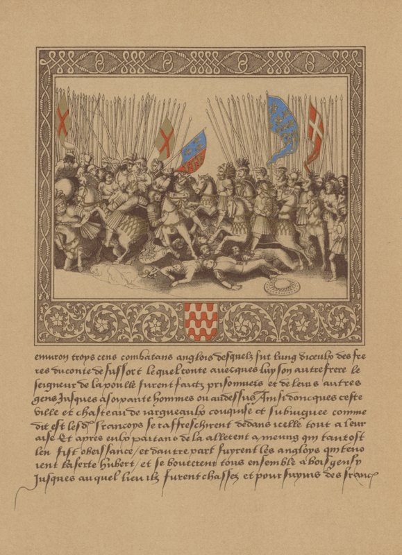 Eine Seite aus einem französischen Manuskript des 16. Jahrhunderts, die eine Szene aus Froissarts Chroniken darstellt von German School