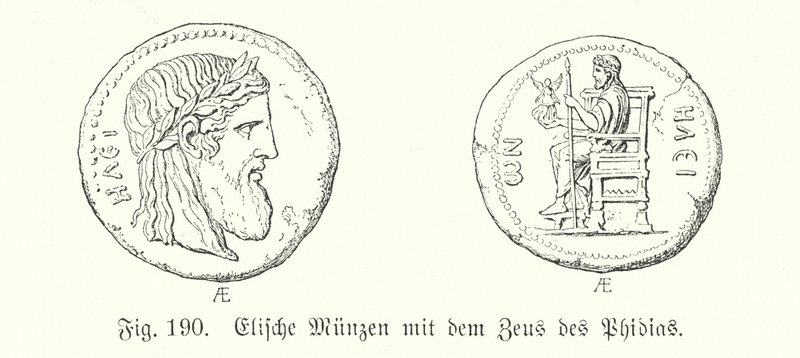 Antike griechische Münzen aus Elis mit Bildern des Zeus von Phidias von German School