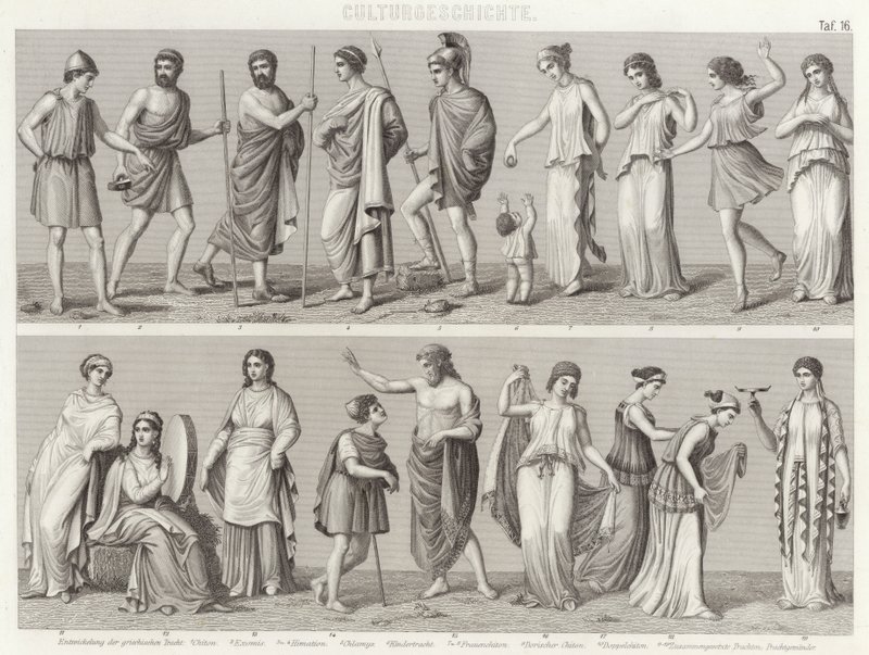 Antike griechische Kostüme. Illustration für Bilder-Atlas (Gravur) von German School