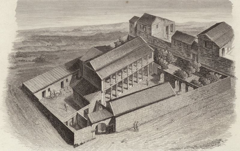 Antike griechische Häuser in Moudleja, Syrien. Illustration für Bilder-Atlas (Stich) von German School