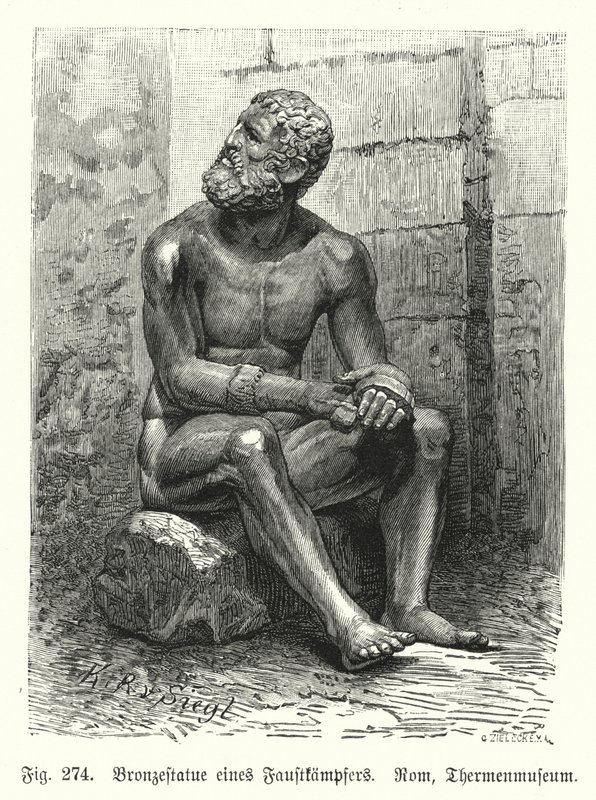 Antike griechische oder römische Bronzestatue eines sitzenden Boxers (Gravur) von German School
