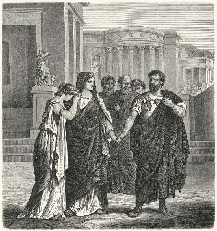 Atilius Regulus bereitet sich darauf vor, Rom zu verlassen, um nach Karthago in die Gefangenschaft zurückzukehren (Gravur) von German School